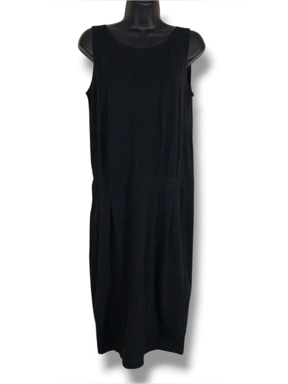 Vintage 80s Small Black Casual Sleeveless Dress Stretch Pockets Comfort